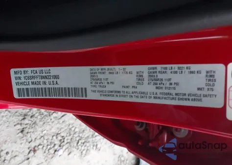 2022 Ram 1500 Big Horn 4X4 5'7 Box z USA, uszkodzony, nr VIN 1C6SRFFT8NN221060